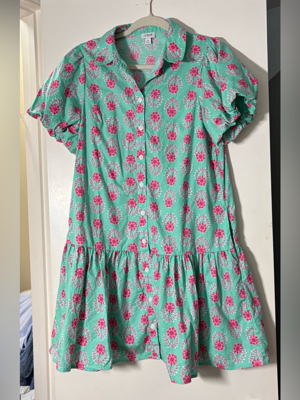 J. Crew Mint Green Short-Sleeve Button-Front Midi Dress with Pink Floral Print